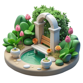 Serene Garden Oasis Pond, Arch, Bench, Flowers png