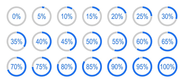 Percentage infographics. Round diagrams icons from 0 to 100 percent. Grey, blue color fill divided pie charts indicator. Circle graph loading progress layout. vector