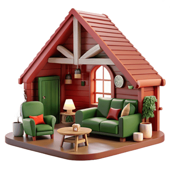 Cozy Cabin Living Room 3D Render of Rustic Interior Design png