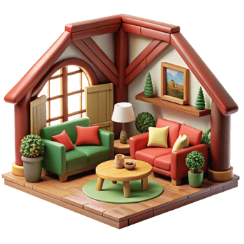 Cozy Living Room 3D Render of a Cottage Interior png