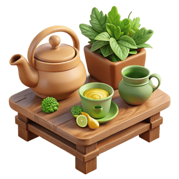 Serene Tea Time Herbal Tea, Wooden Tabletop, and Potted Plant png