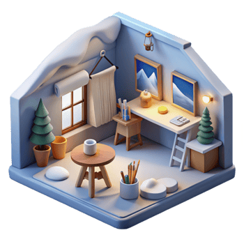 Cozy Winter Art Studio 3D Rendered Room png