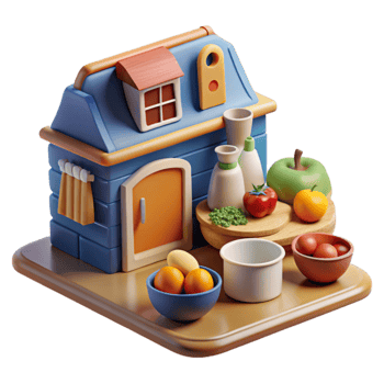 Cute 3D Cartoon Kitchen House with Fruits Vegetables png