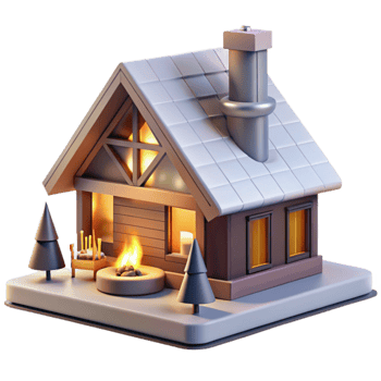 Cozy Cabin Winter Scene 3D Render of a Firelit Home png