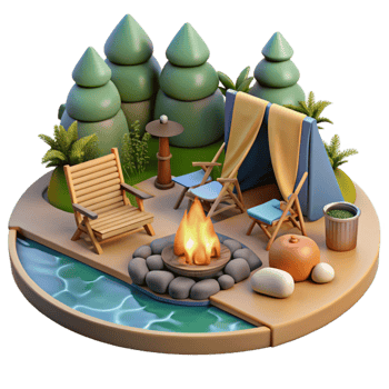 Campsite Scene Relaxing 3D Render of Campfire, Tent, and Lakeside Setting png