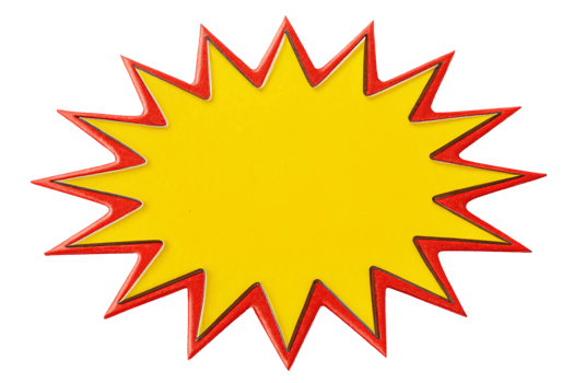A bright yellow starburst with a red outline, designed in a comic style. Bold and energetic, ideal for emphasizing messages png