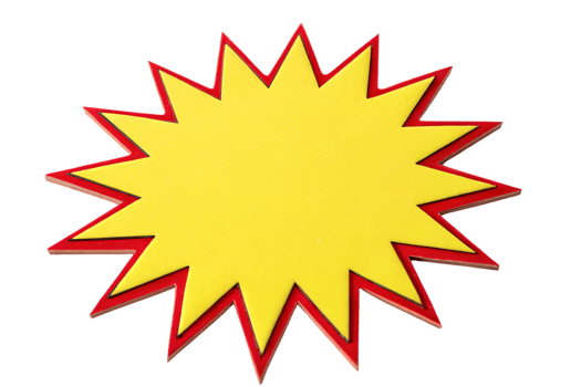 A yellow starburst with a red outline, evoking a bold comic-book effect. Striking and dynamic, perfect for highlighting announcements png