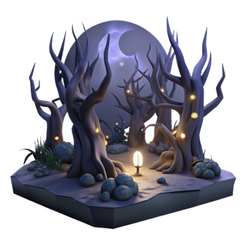 Enchanted Forest at Night 3D Render of Spooky Trees png