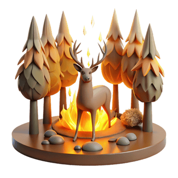 Deer in Forest Fire 3D Render of a Burning Campfire Scene png