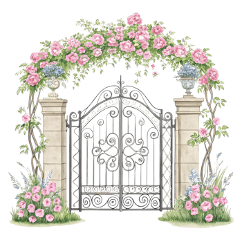 Iron Garden Gate With Flowering Arch and Floral Decorations Amidst Greenery png
