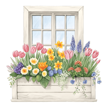 Beautiful flower box overflowing with tulips and daisies beneath a sunny window png