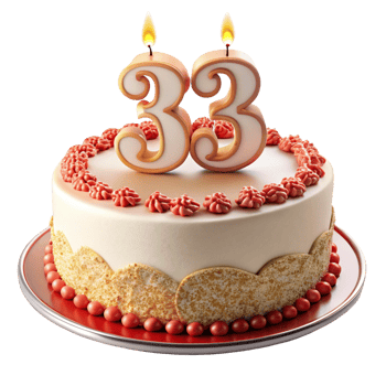 Birthday Celebration Cake and written thirty three on the Cake is isolated on transparent background png
