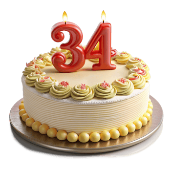 Birthday Celebration Cake and written thirty four on the Cake is isolated on transparent background png