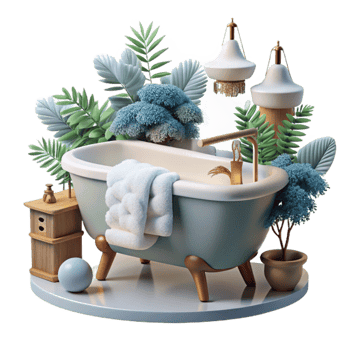 Serene Bathroom Tub, Plants, and Lamps png