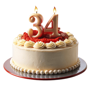 delicious Birthday Celebration Cake and written thirty four on the Cake is isolated on transparent background png
