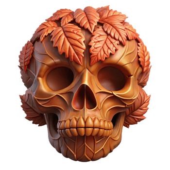 Autumnal Skull 3D Render of Ornate Leaf-Adorned Cranium png
