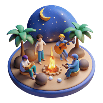 Nighttime Island Campfire Gathering 3D Render png