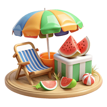 Summertime Relaxation Beach Chair, Umbrella, Watermelon png