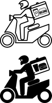 Food Delivery Icons. Black and White Icons. Courier Carrying Food To Customer. Man In Helmet Carrying Bag With Groceries On Motorcycle. Delivery Service. Restaurant Concept vector