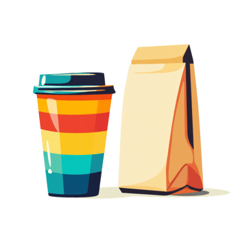 Rainbow striped coffee cup and paper bag png