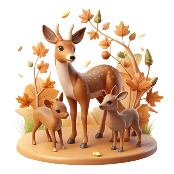 Autumn Deer Family 3D Render of Cute Fawns in Fall Foliage png