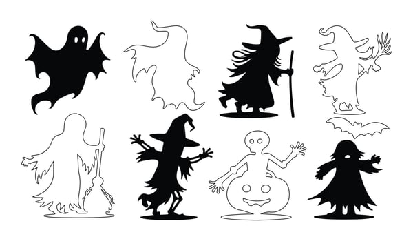 ghosts, witches, and halloween elements in an eerie silhouette bundle, ideal for haunted house designs, horror-themed graphics, and spooky decorations vector
