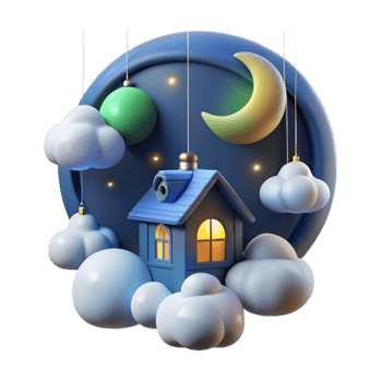 Night Sky House 3D Render of Cute Home among Clouds and Moon png