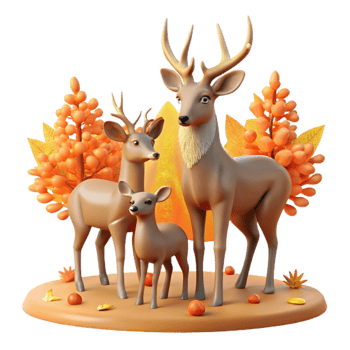 Autumn Deer Family 3D Render of Wildlife in Fall png