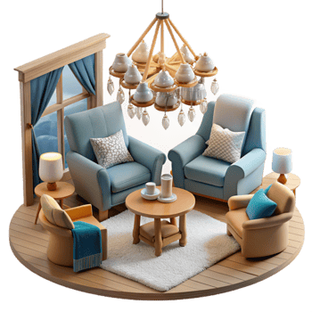 Cozy Living Room Interior Design Chairs, Coffee Table, Chandelier png