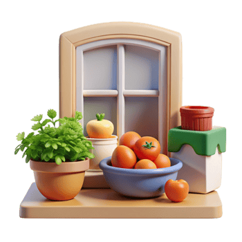 Kitchen Windowsill Still Life Herbs, Tomatoes, and Potted Plants png
