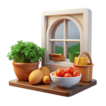 Kitchen Windowsill Still Life Herbs, Eggs, Tomatoes png