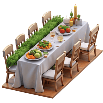 Outdoor Dinner Party Table Setting with Food Greenery png