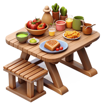Rustic Picnic Table with Food and Plants png