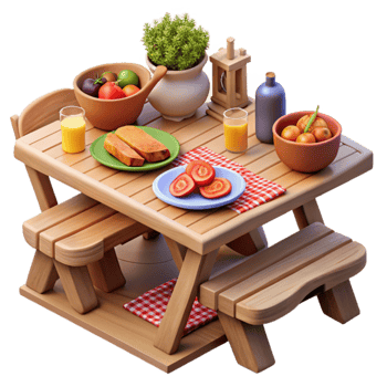 Rustic Picnic Table Setting with Food and Drinks png