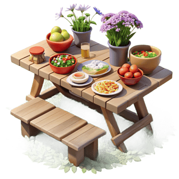Picnic Table with Food and Flowers png