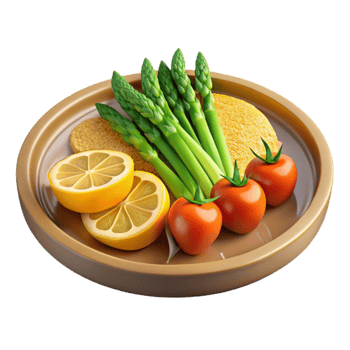 Healthy Plate Asparagus, Lemon, Tomatoes Fish png