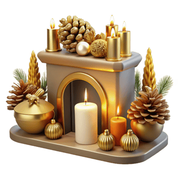 Golden Christmas Fireplace Decor with Candles and Ornaments png