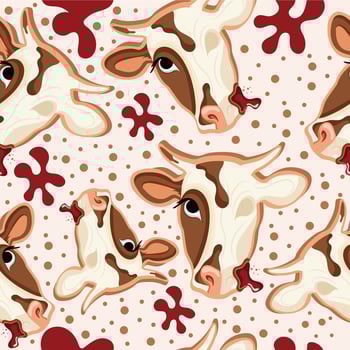 seamless pattern with gingerbread cookies for Halloween with sugar frosting and cow design, where half of the head is made as a skeleton with red syrup in the middle vector