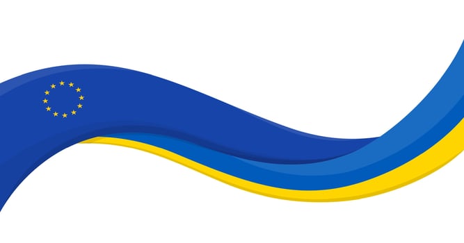 Wavy ribbon banner of Ukraine National flag with European Union Flag. Unity and cooperation symbol. Logo for charity and social events, NGO initiative, sport teams. illustration. vector