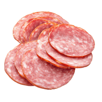 Slices of salami sausage arranged on a plain Transparent background for culinary presentation, Salami sausage slices ham isolated on png