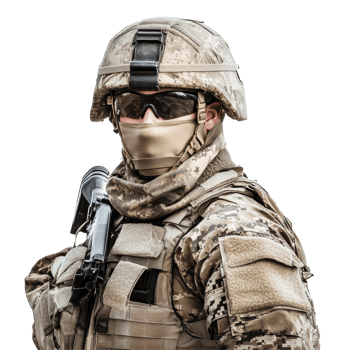 Soldier in full camouflage uniform stands with weapon on Transparent background, soldier in uniform, background png