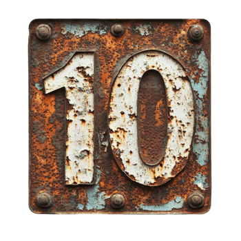 Rusty old sign displaying the number ten with weathered Transparent background and signs of age, rusty old sign with the number ten on it, background png