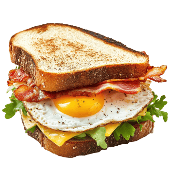 Delicious bacon, cheese, and egg sandwich isolated on a Transparent background perfect for breakfast or brunch, Sandwich with bacon, cheese and egg isolated on png