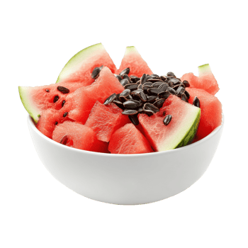Fresh watermelon chunks with black seeds displayed in a simple white bowl on a bright background, watermelon seed in white bowl isolated on Transparent background png