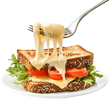 Delicious cheese sandwich topped with fresh tomatoes and creamy sauce served on a white plate, sandwich with cheese and sauce being eaten with a fork, Transparent background, background png