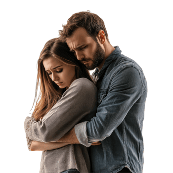 Sad young couple embraces each other in isolation with a neutral Transparent background, Sad young couple isolated on white png