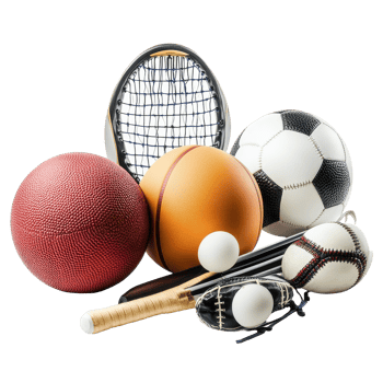 Various sports equipment on a white surface highlighting multiple sporting activities and games, Sports Equipment isolated on Transparent background png