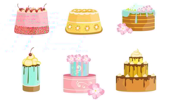 Set of cakes decorated with berries and flowers. illustration. vector
