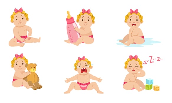 Little girl in a diaper is uncomfortable. illustration. vector