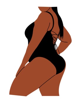 African american curvy woman wearing black swimsuit. Body positivity concept. vector